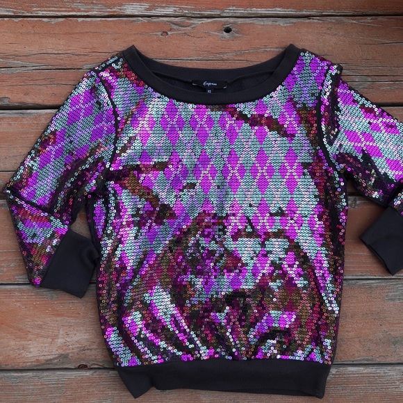 Express Purple Silver Sequin Sweatshirt Top Shirt - Picture 3 of 8